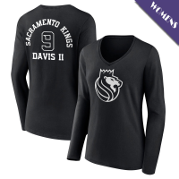Women's Terence Davis II # 9 Sacramento Kings Player Monochrome Long Sleeve V-Neck Black T-Shirt