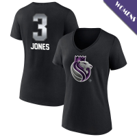 Women's Isaac Jones # 3 Sacramento Kings Midnight Mascot Player V-Neck Black T-Shirt